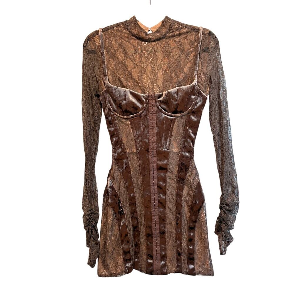House of CB London Brown Velvet Lace Corset Mini Dress  Small Y2K Goth Coquette